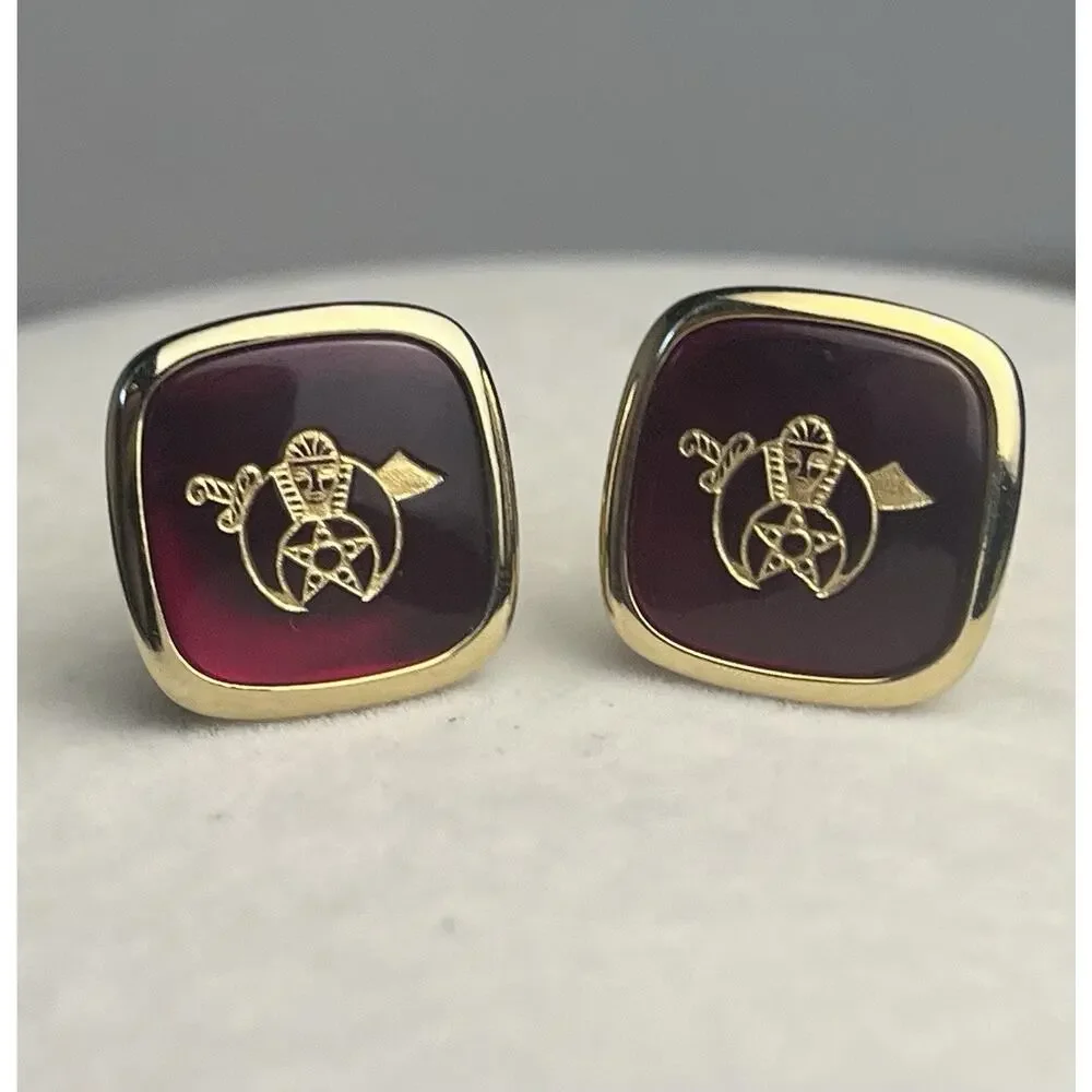 Shriners Cufflinks Red Gold Tone Square Crescent Scimitar Masonic Vintage Retro